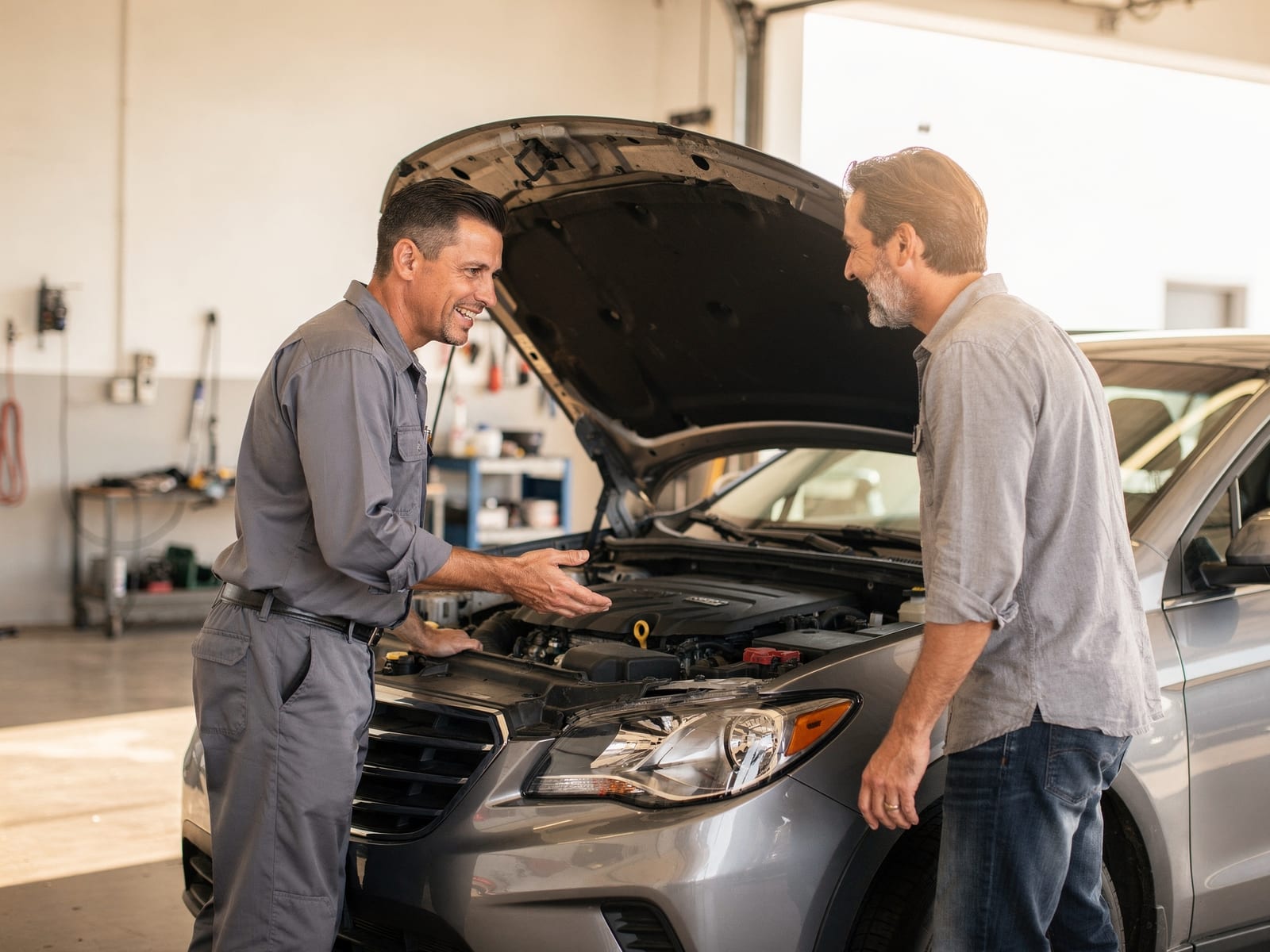 A Kim's technician explaining a repair to a customer over an open hood